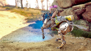 Aloy riding a strider fast