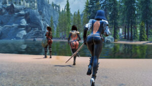 Gwen's adventuring party running on the beach during the day